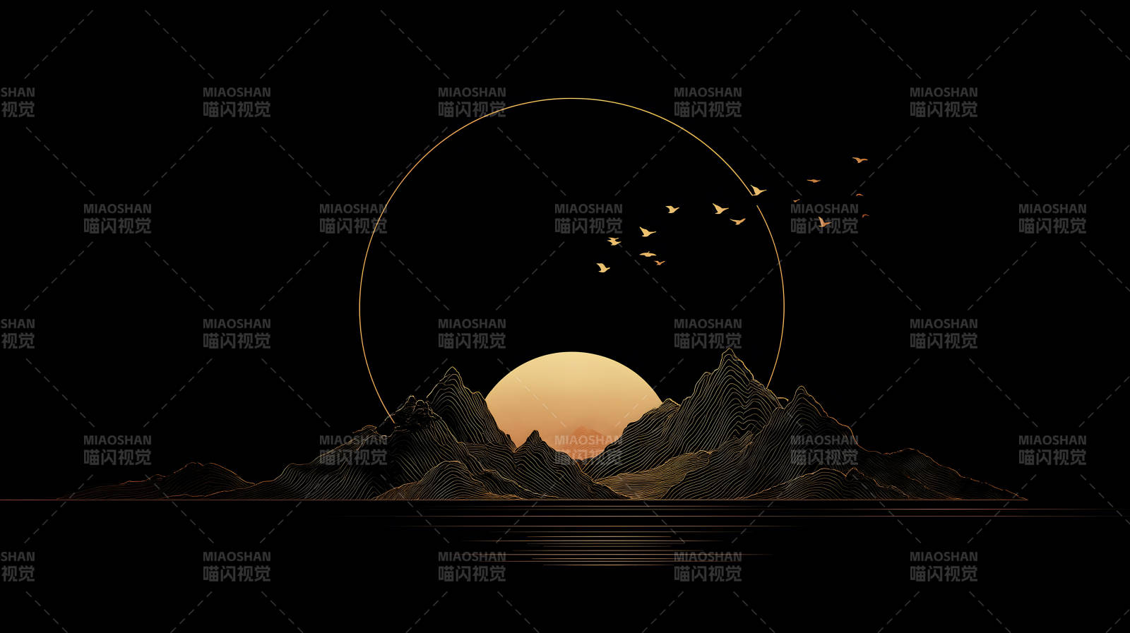 金色山水画飞鸟剪影图片