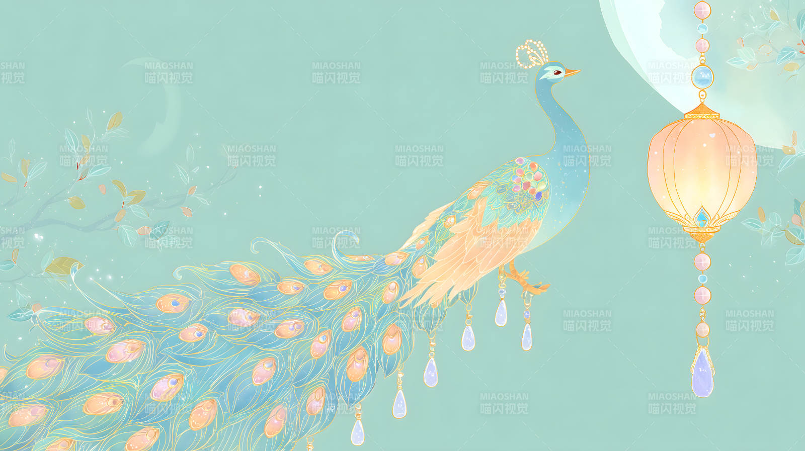 梦幻孔雀与灯笼唯美插画图片