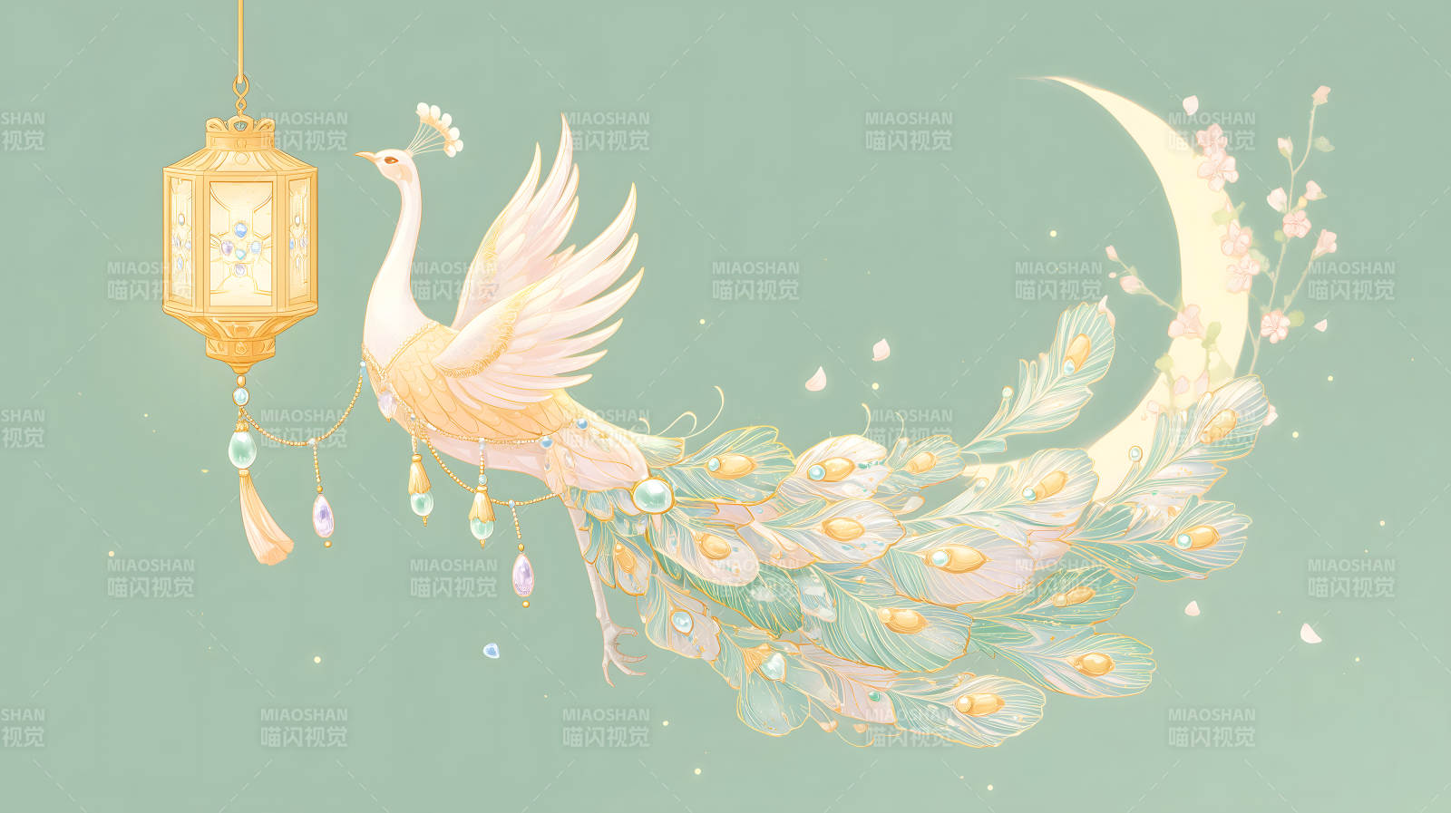 梦幻孔雀与灯笼和月亮图片