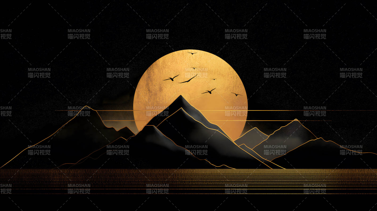 金色月亮下的黑山剪影图片