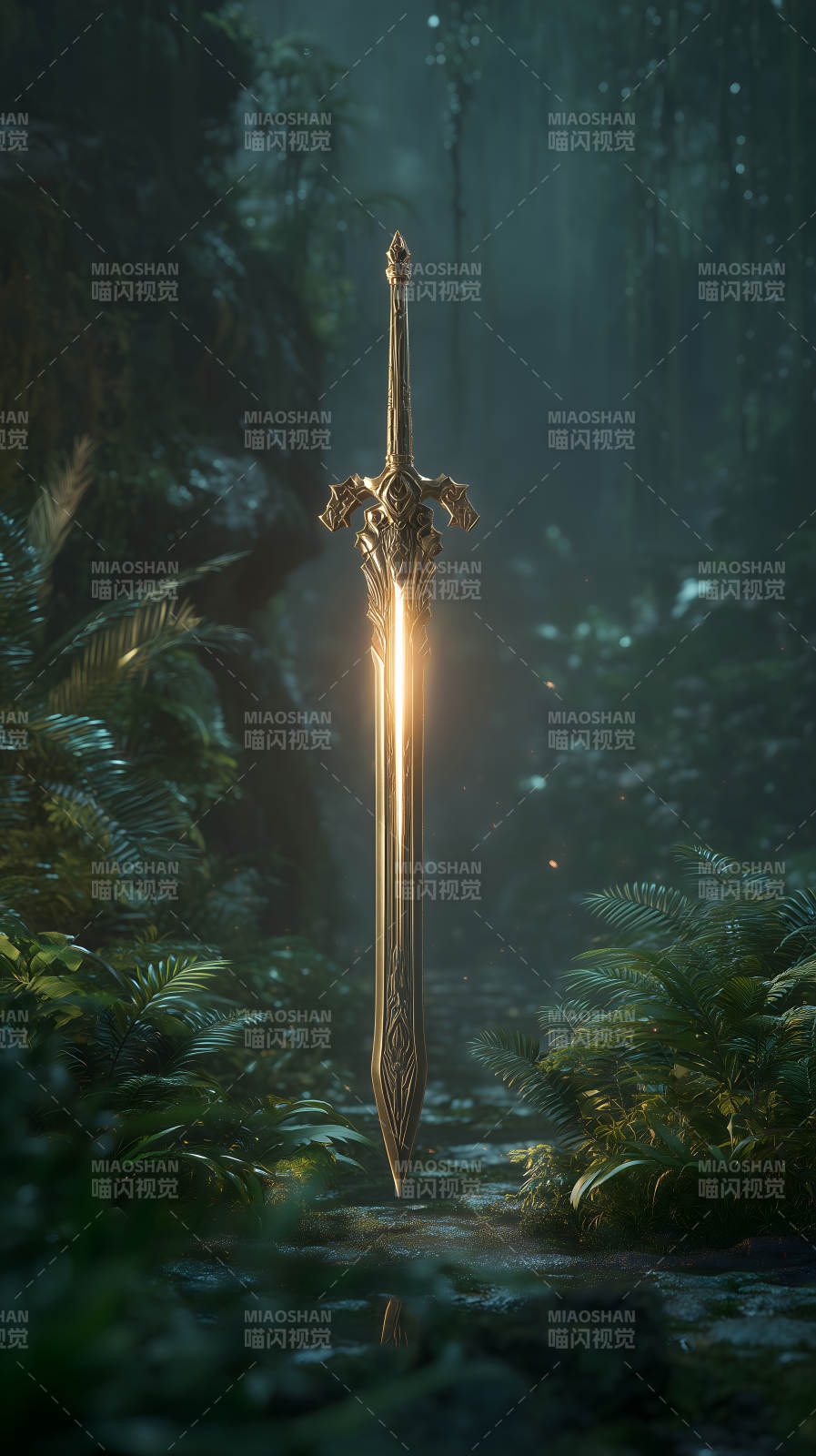 丛林中发光的黄金剑图片