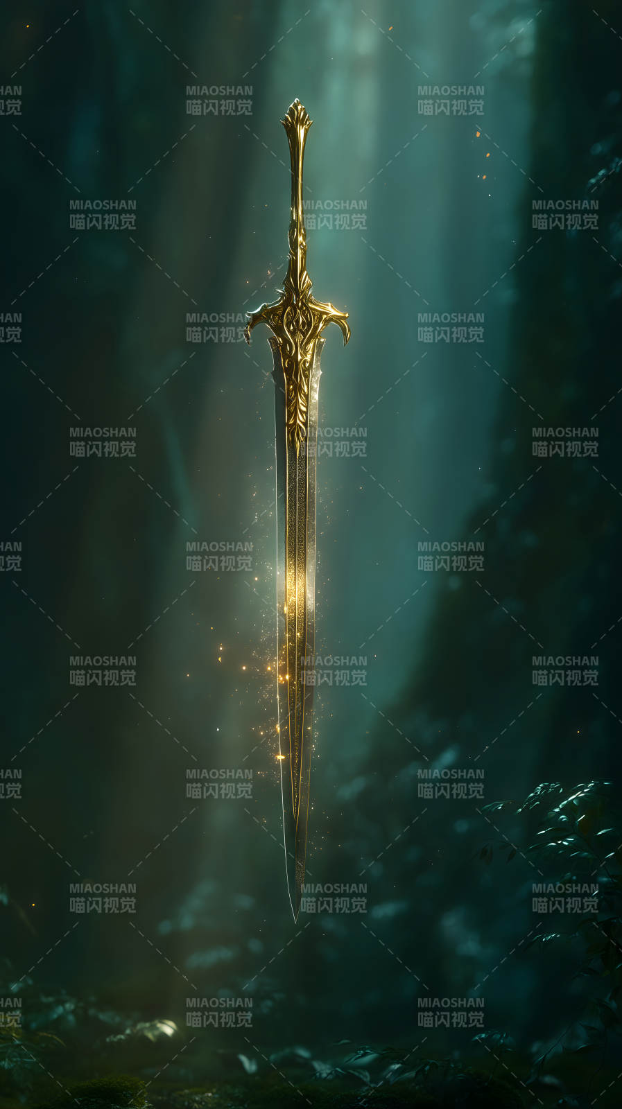 金色长剑悬浮于幽暗森林之中图片