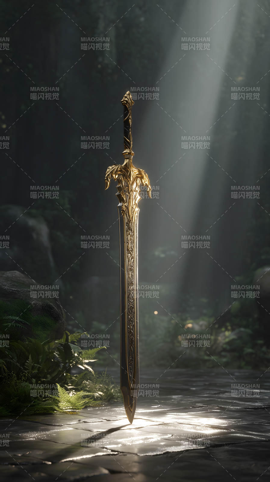 金色宝剑伫立于森林之中图片