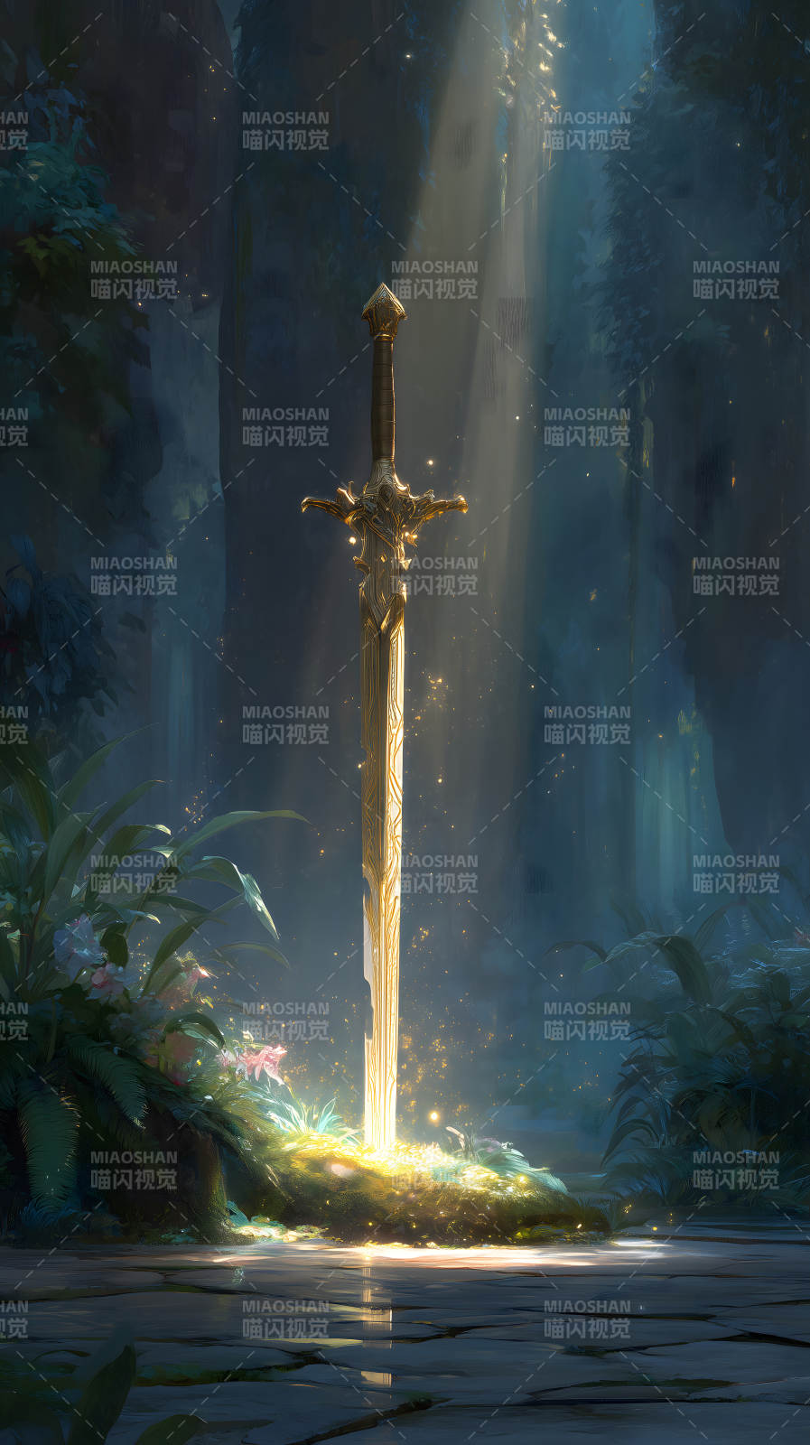 金色宝剑伫立森林之中图片