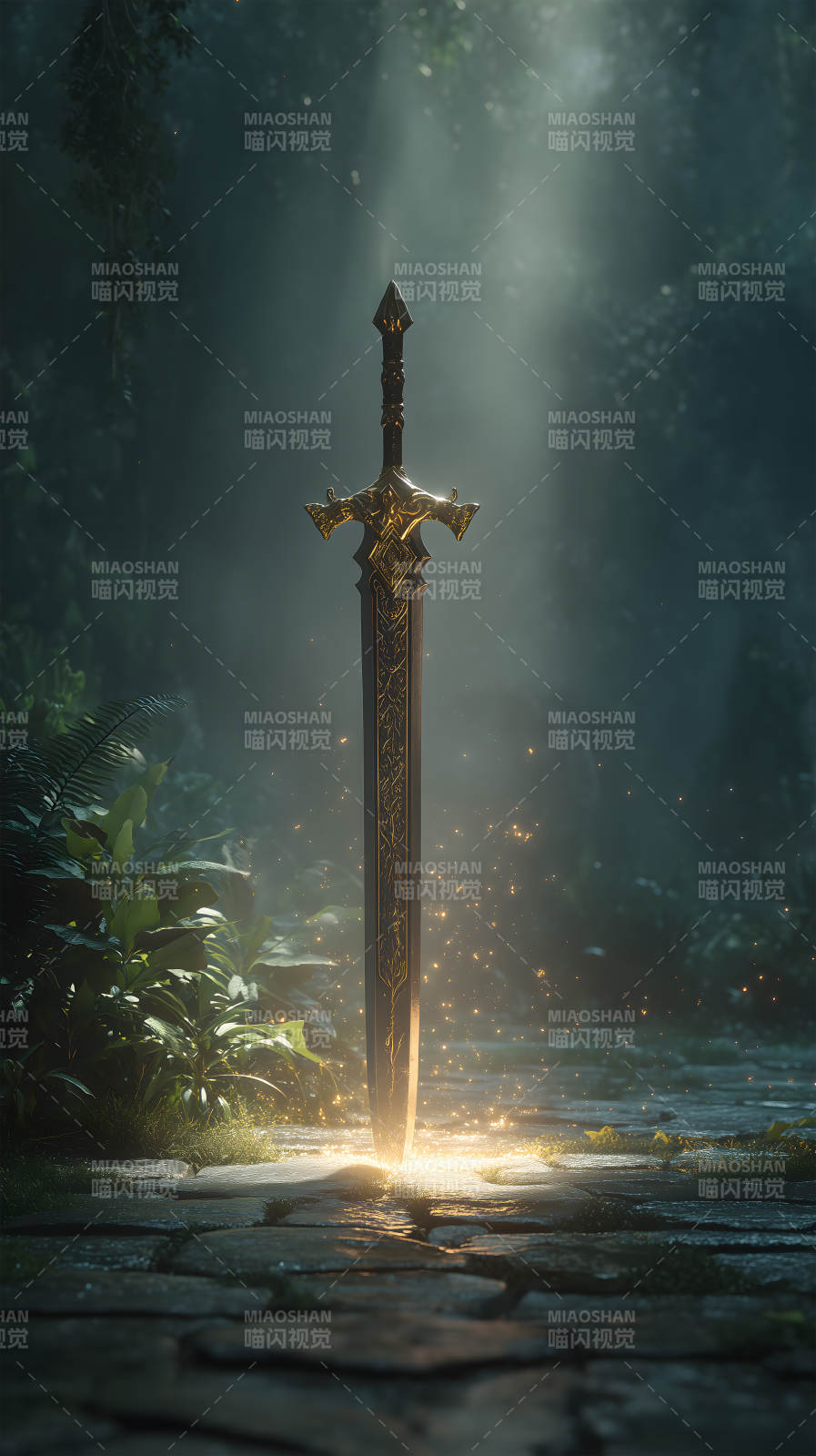 神圣之剑伫立于幽暗森林之中图片