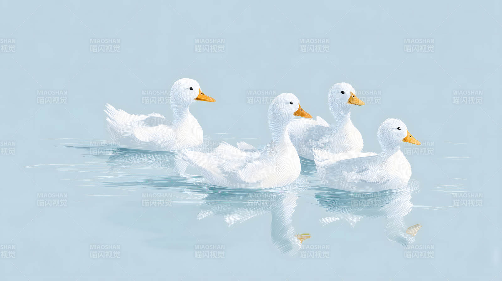 四只白鸭在水中游动图片
