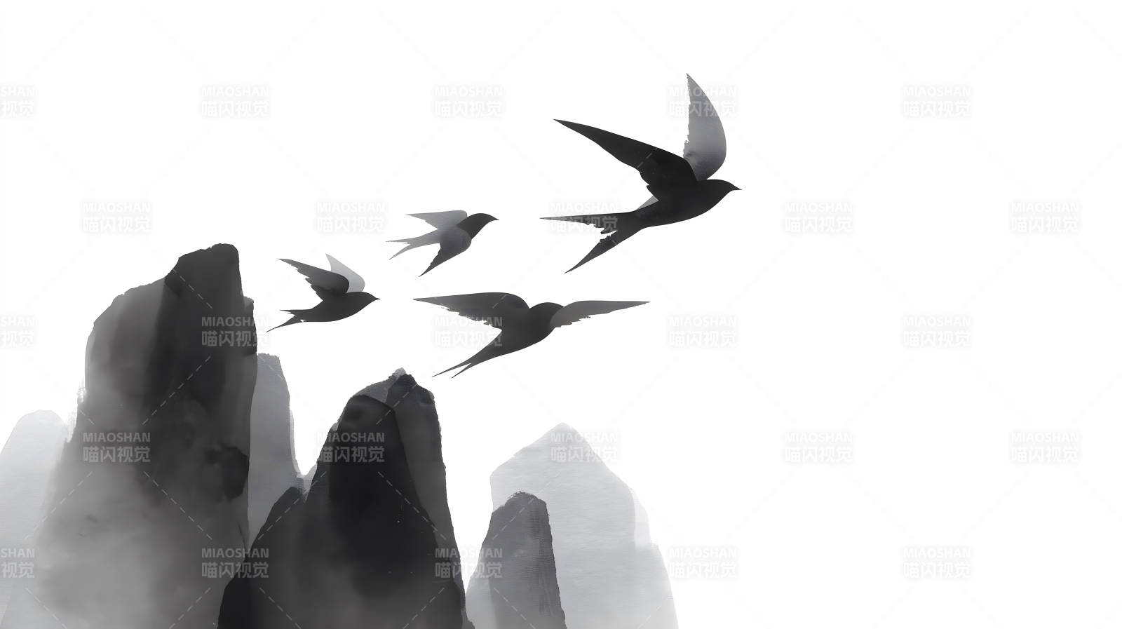 水墨意境鸟儿飞翔图图片