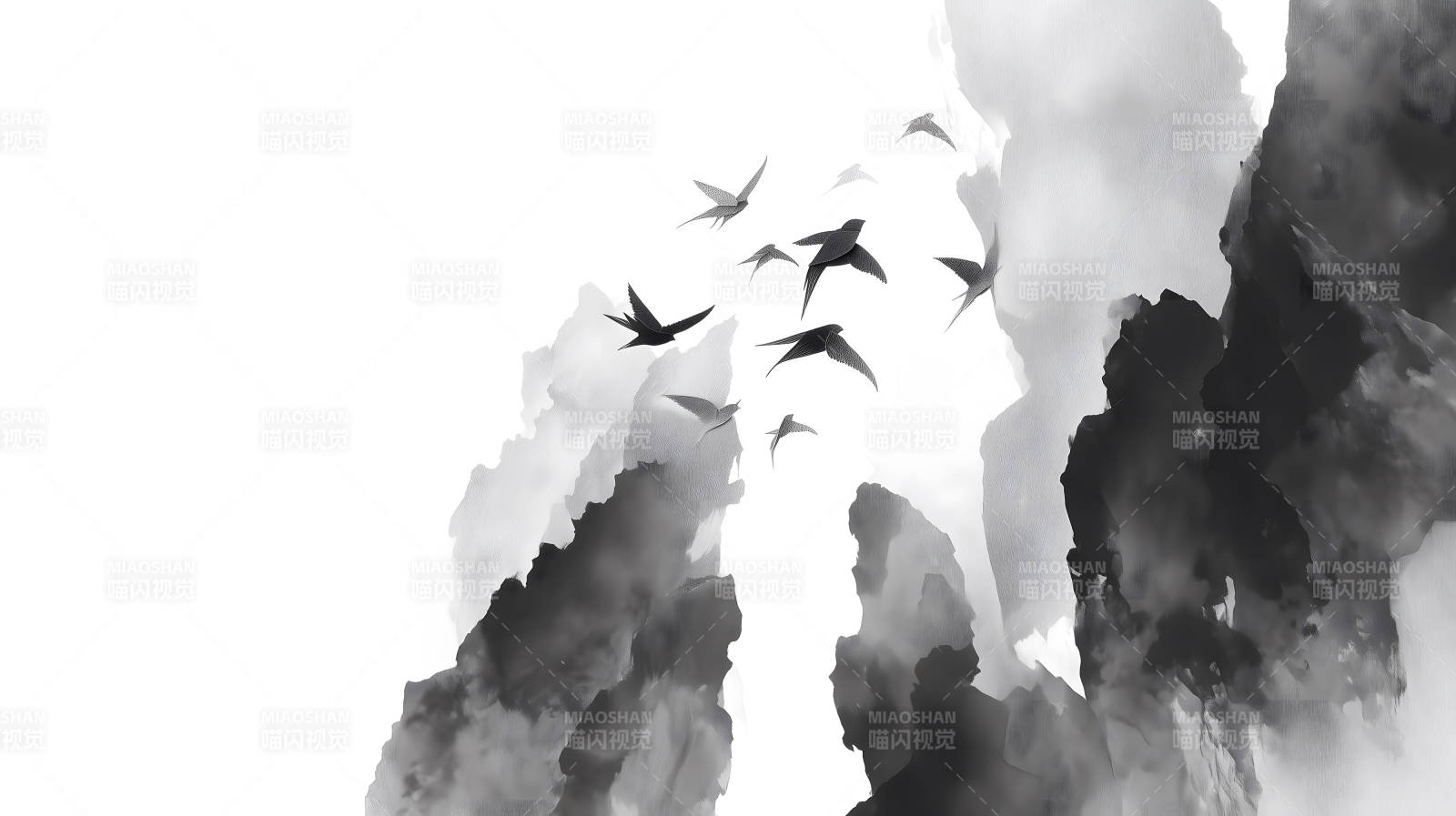 水墨山水画飞鸟图图片