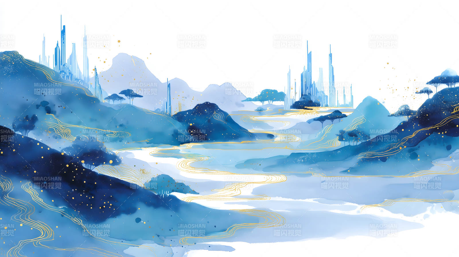 水墨山水画描绘远山近景图片