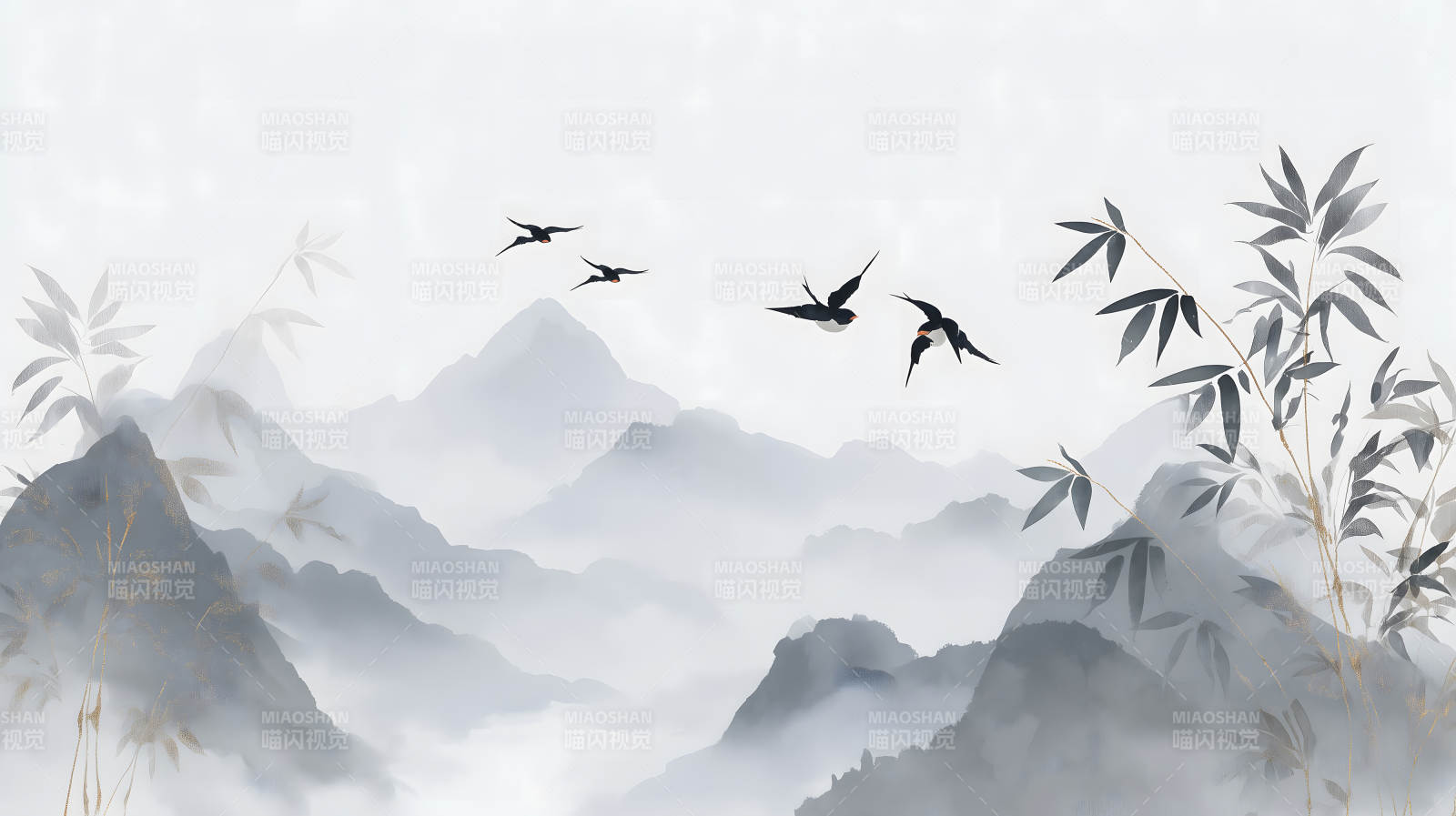 水墨山水画卷燕子飞舞竹影婆娑图片