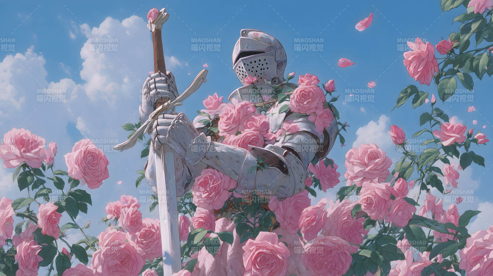 骑士与玫瑰花主题艺术风格插画图片