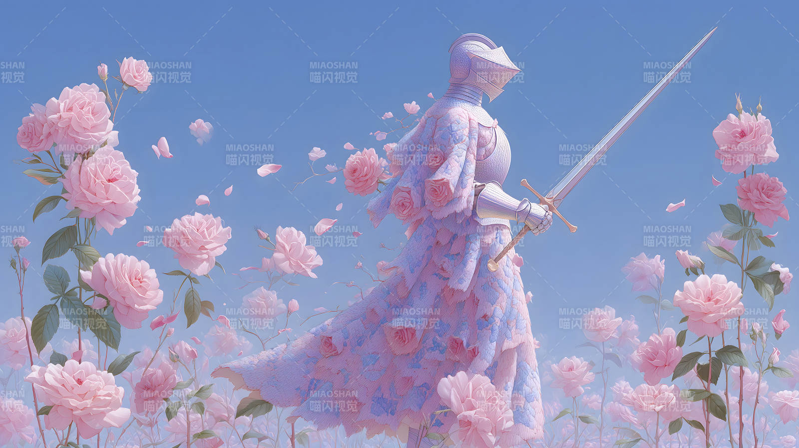 玫瑰骑士手持宝剑徜徉于花海图片