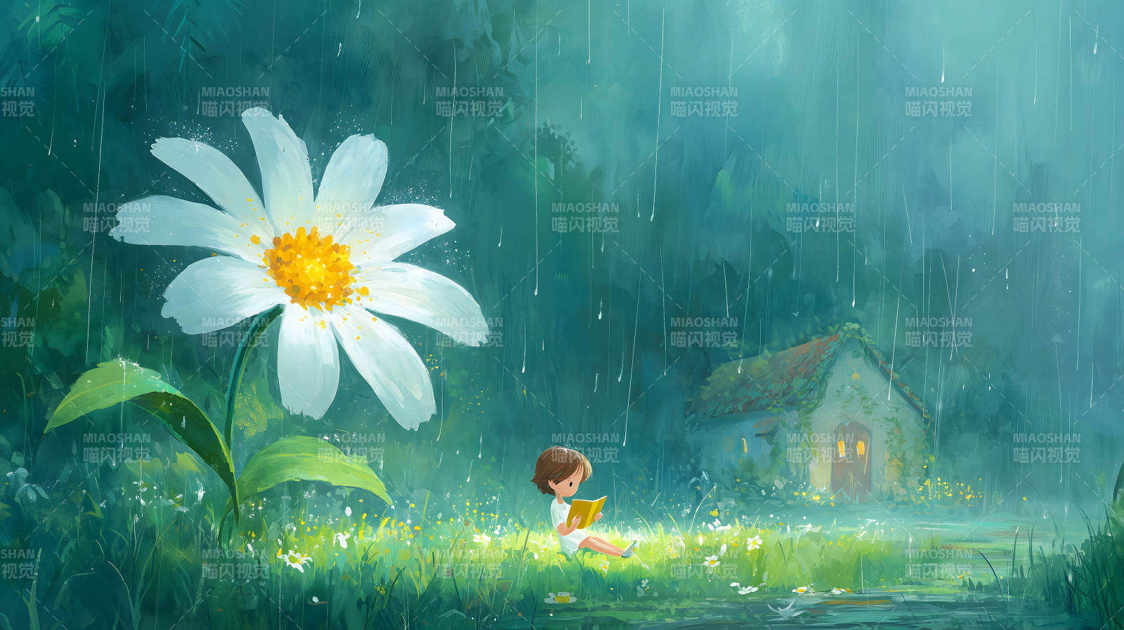 雨中阅读的小女孩与童话小屋图片