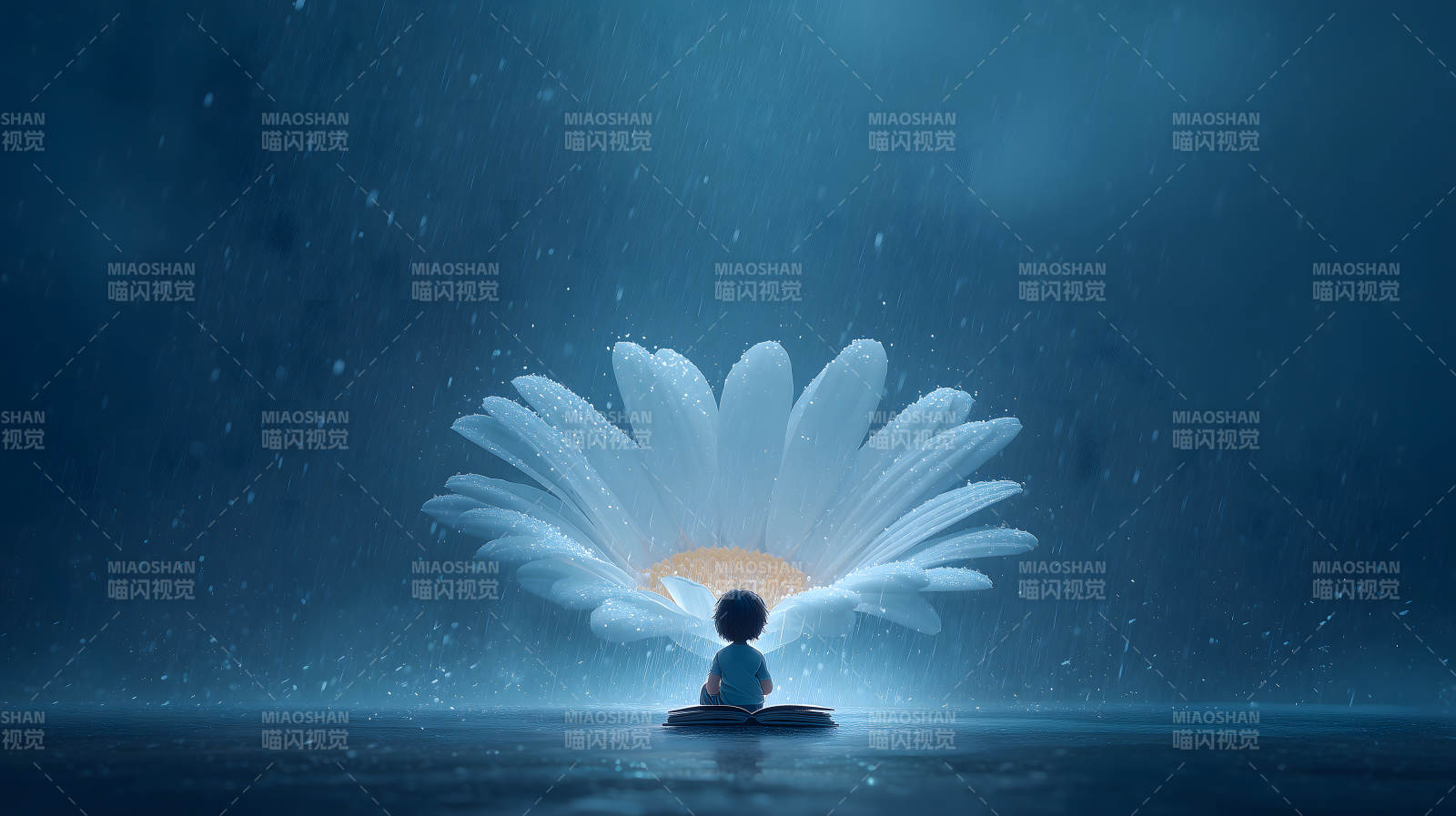 雨中童书与巨型雏菊的奇幻景象图片