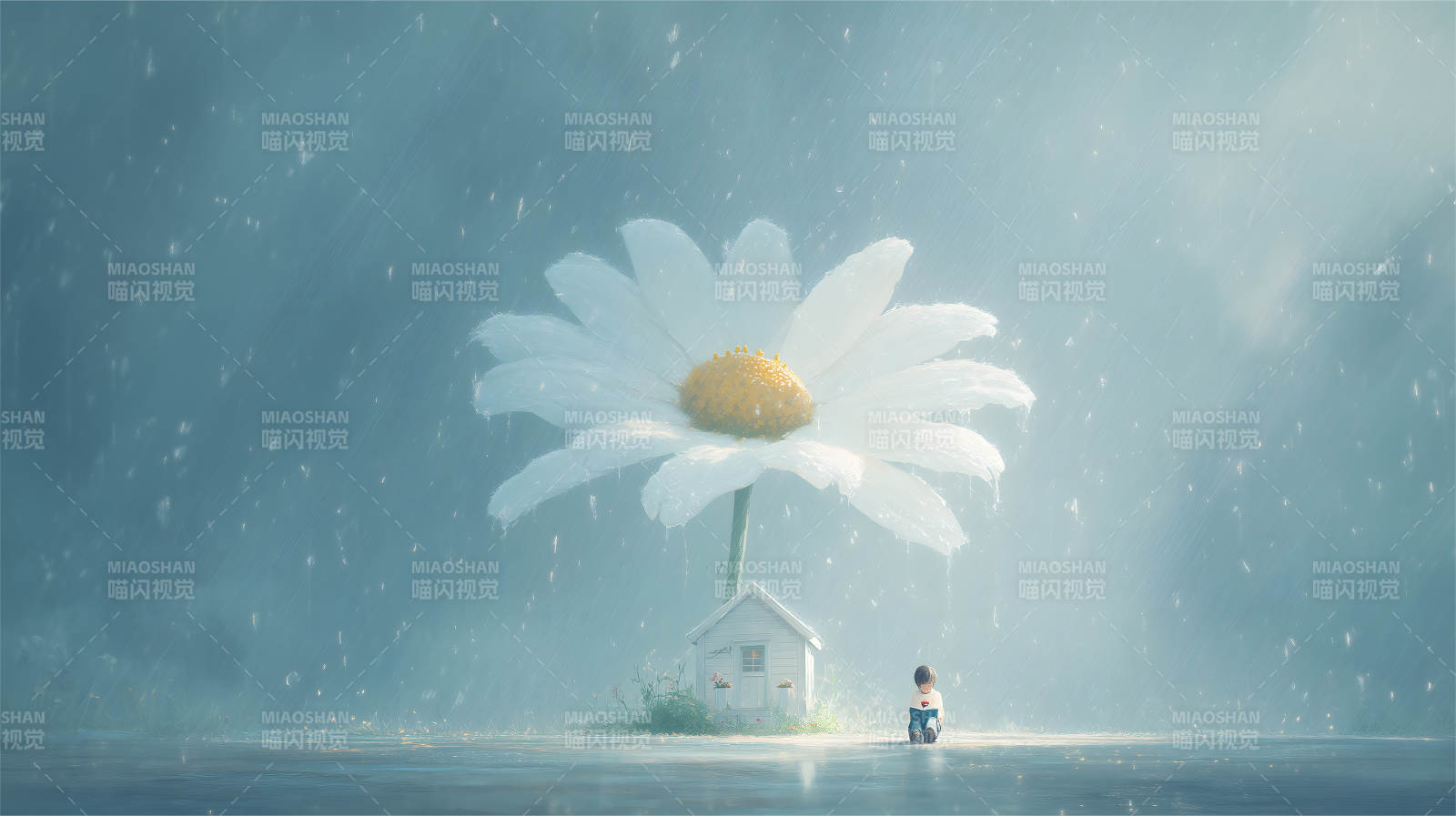 雨中雏菊庇护小人孤独看书图片