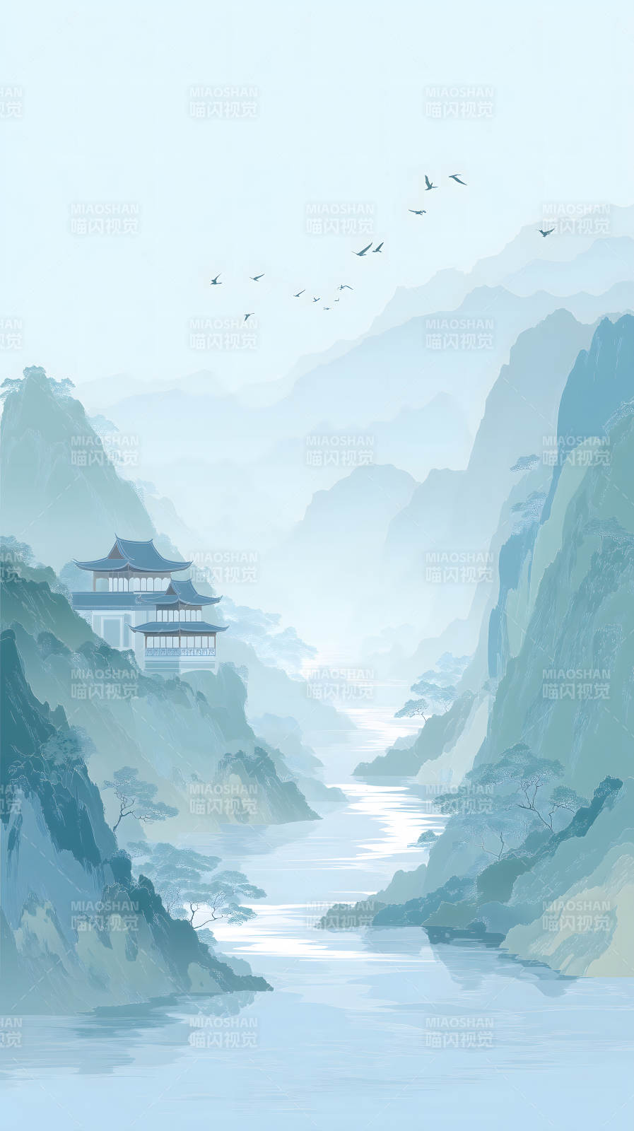 中国风水墨山水画静谧幽远意境图片