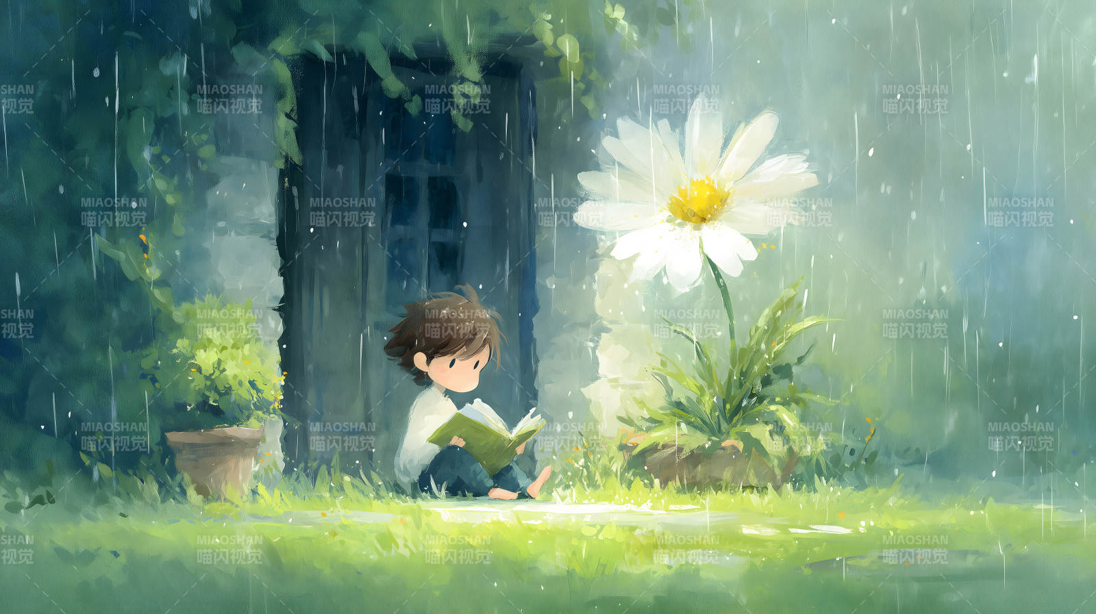 雨中读书的可爱小孩与巨型雏菊图片
