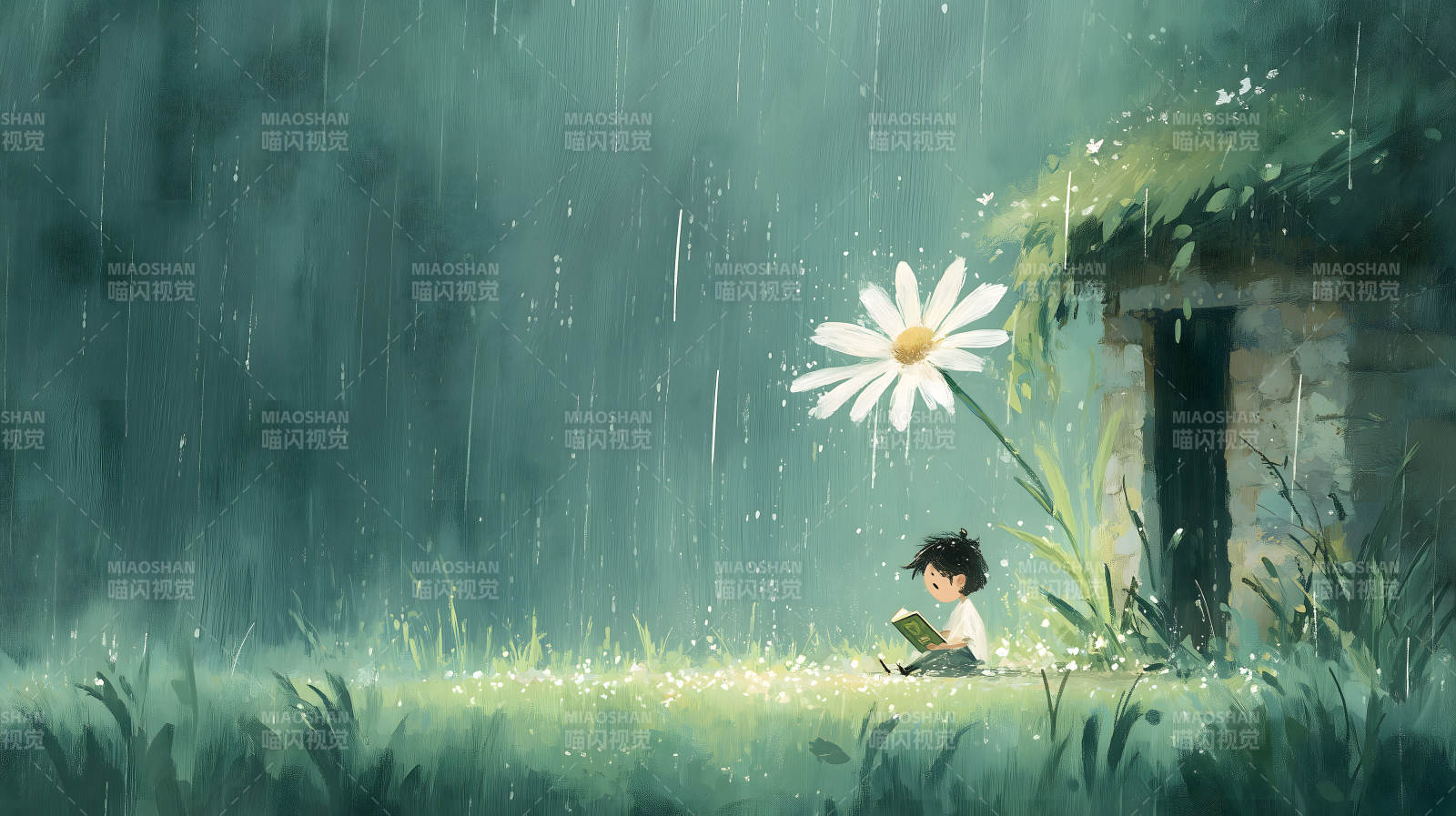 雨中读书的小孩与巨型雏菊图片