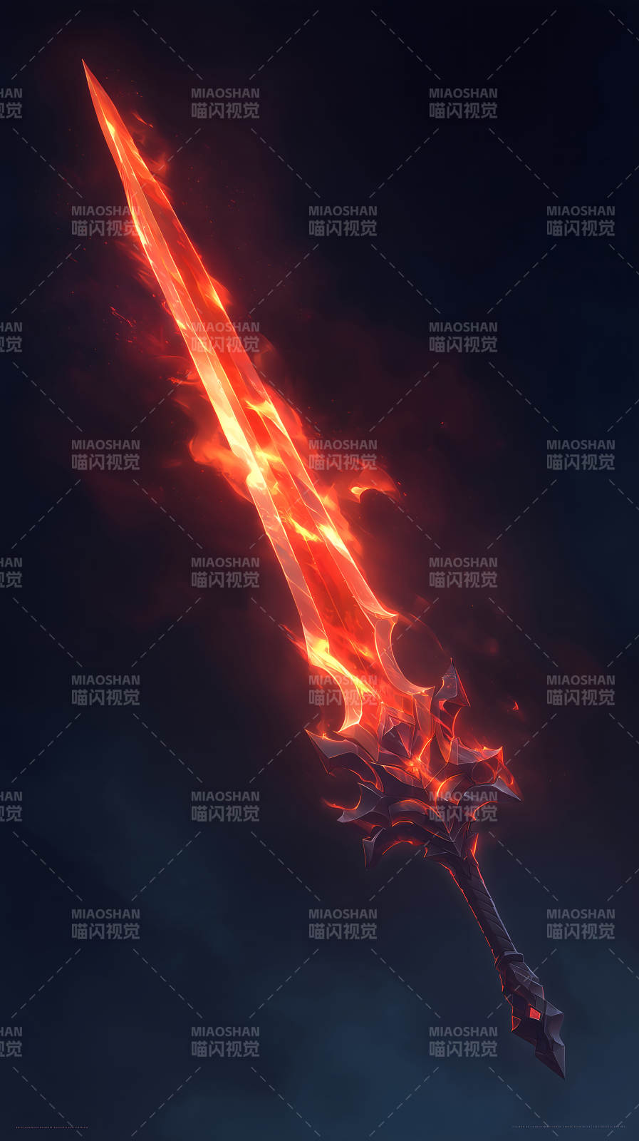 燃烧的火焰剑刃在黑暗中发光图片