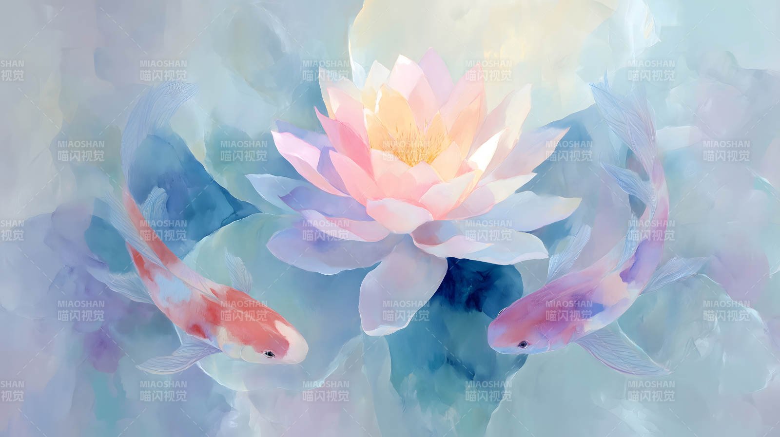 莲花和锦鲤的柔美水彩画图片