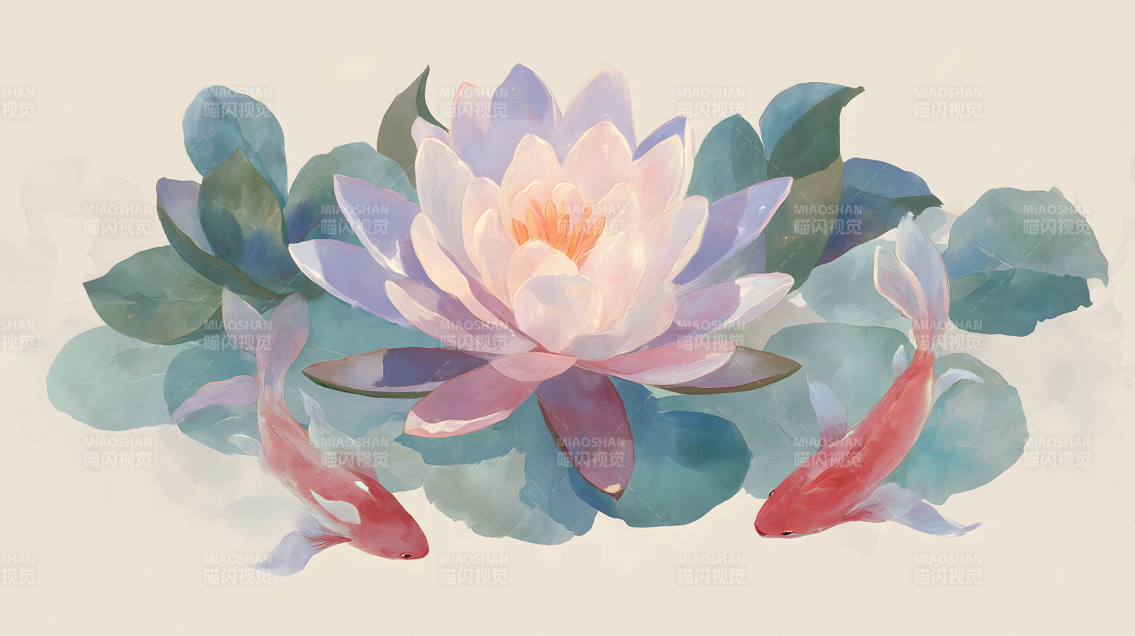 莲花鲤鱼图色彩柔和优美图片