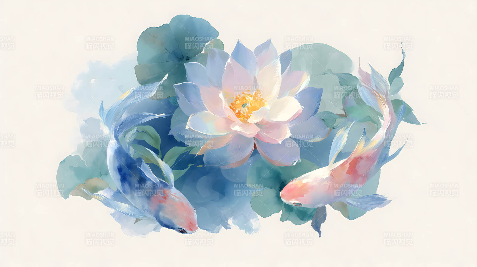 水墨风格莲花与锦鲤的唯美图画图片