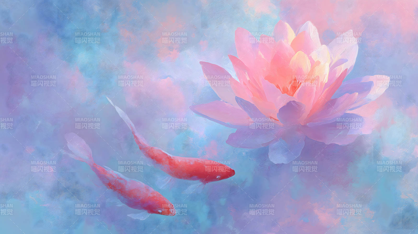 粉色莲花与锦鲤在柔和的水彩氛围中图片