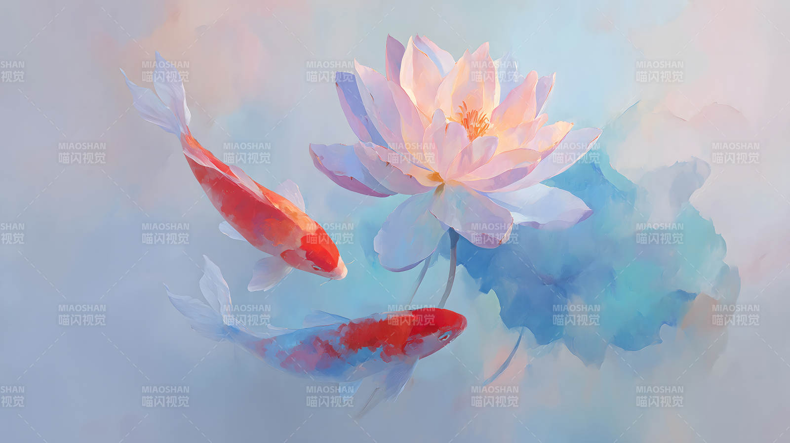 鲤鱼莲花水墨风格唯美意境图片