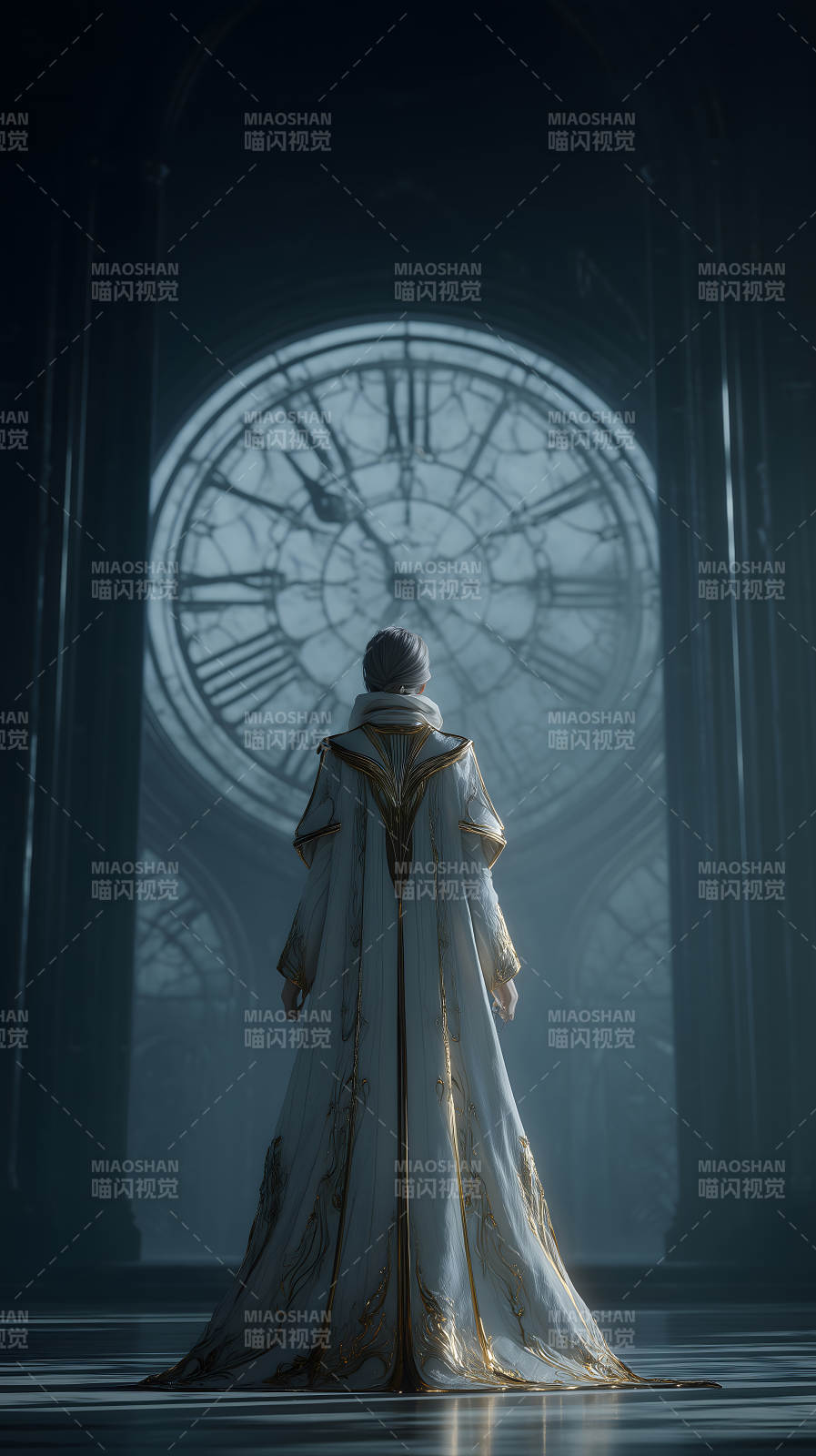 伫立钟表前之人凝视图片