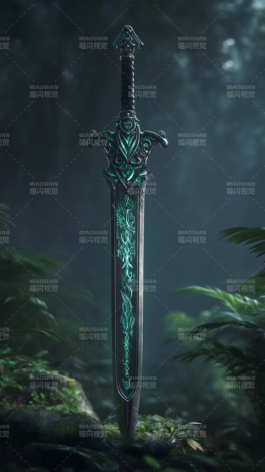神秘发光的精灵剑伫立森林中图片
