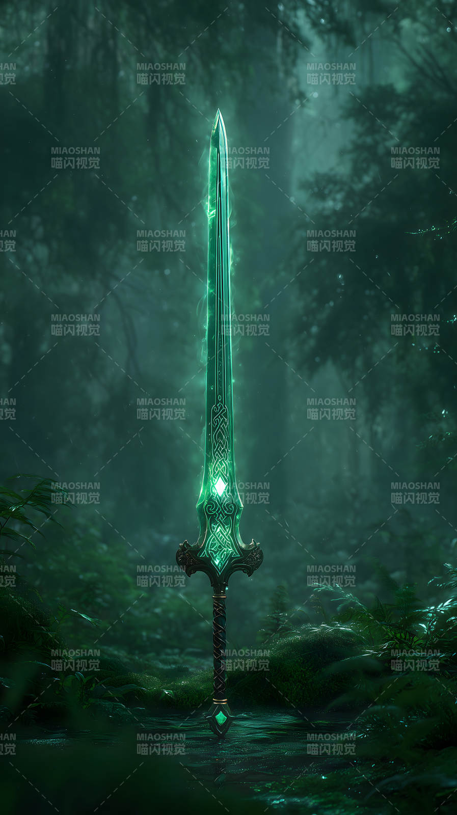 森林中闪耀着光芒的翠绿色剑图片