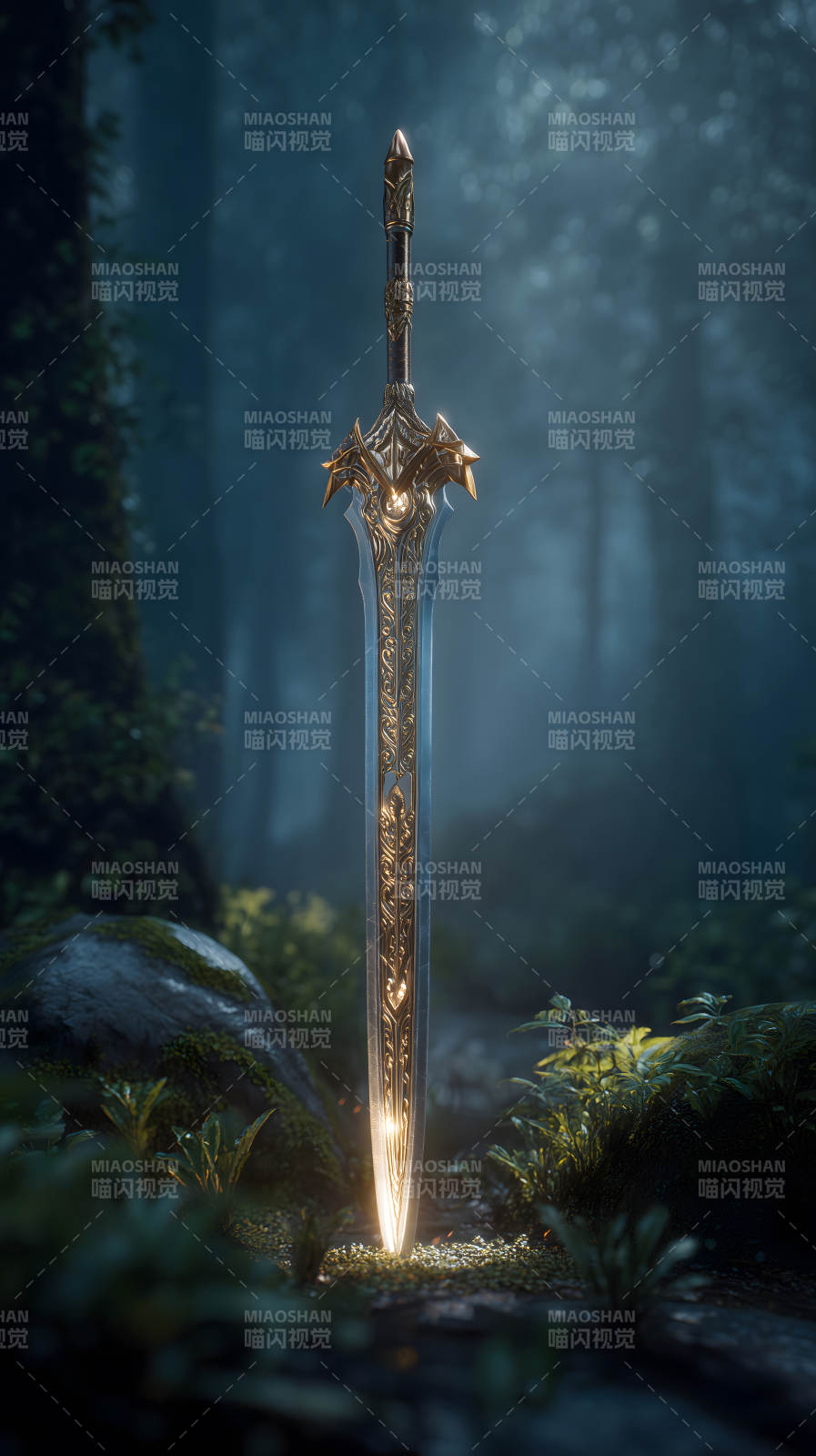 森林中神圣之剑散发光芒图片