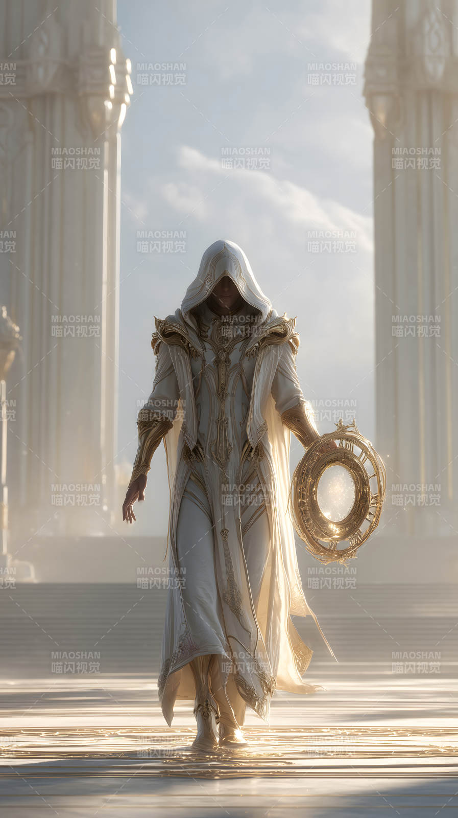 身着白袍的神秘人物手持金色圆环图片