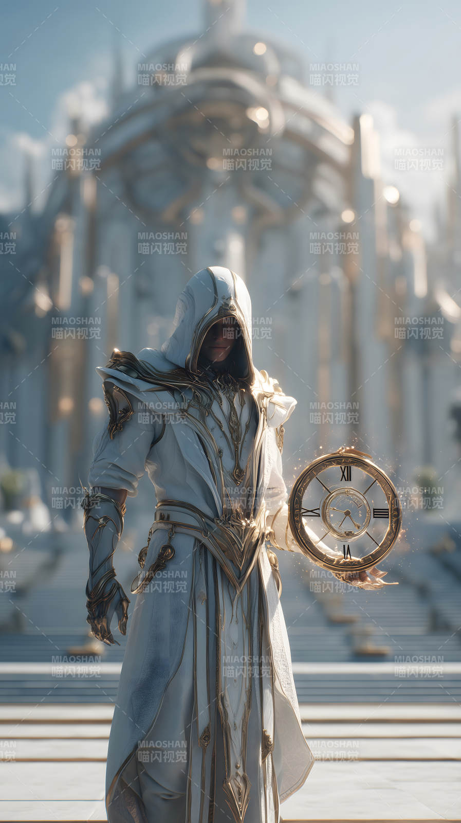 时间守护者手持时钟凝视前方图片