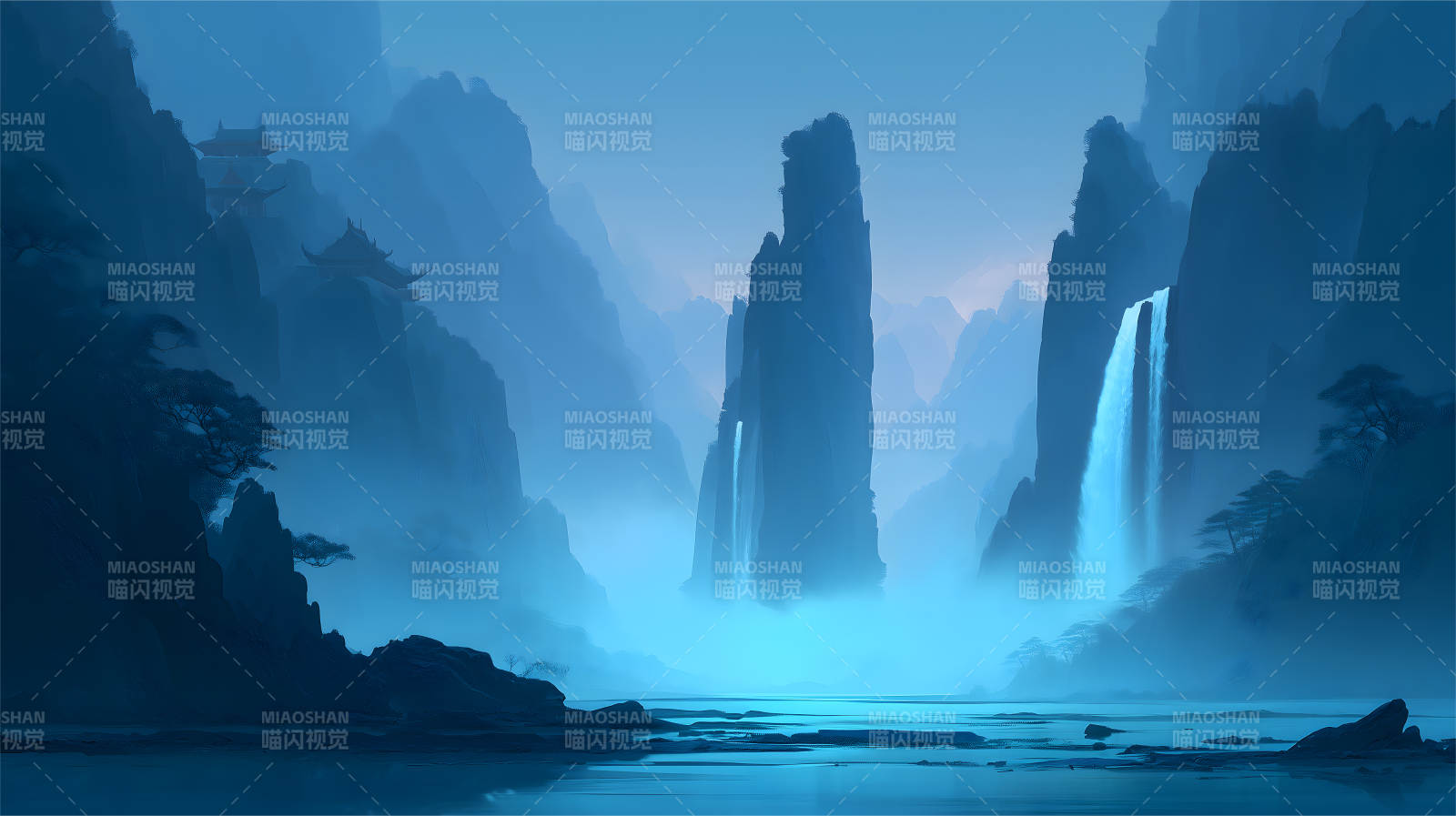 水墨山水瀑布仙境一幅画图片