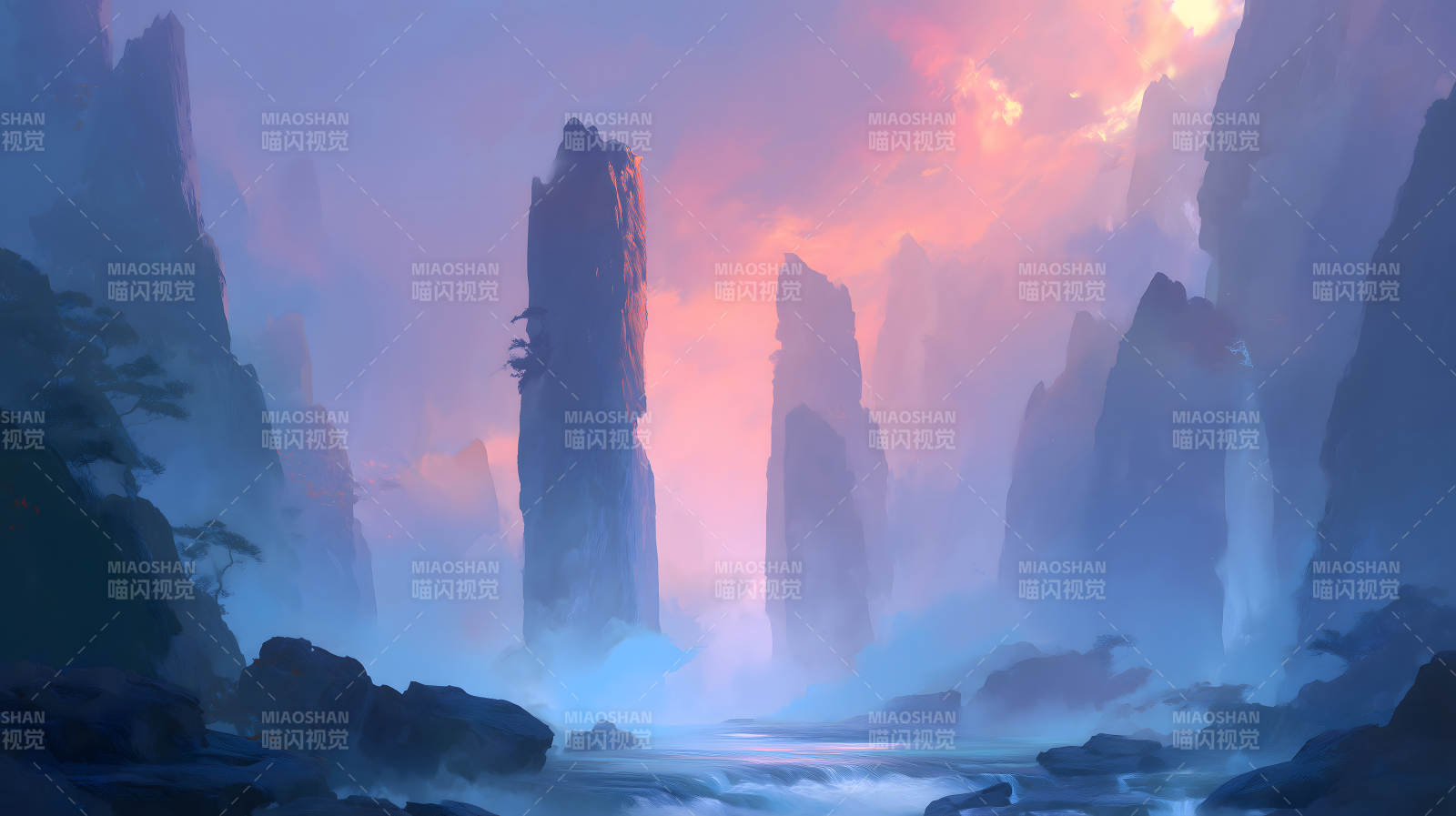 梦幻般的山水画天空色彩绚丽图片