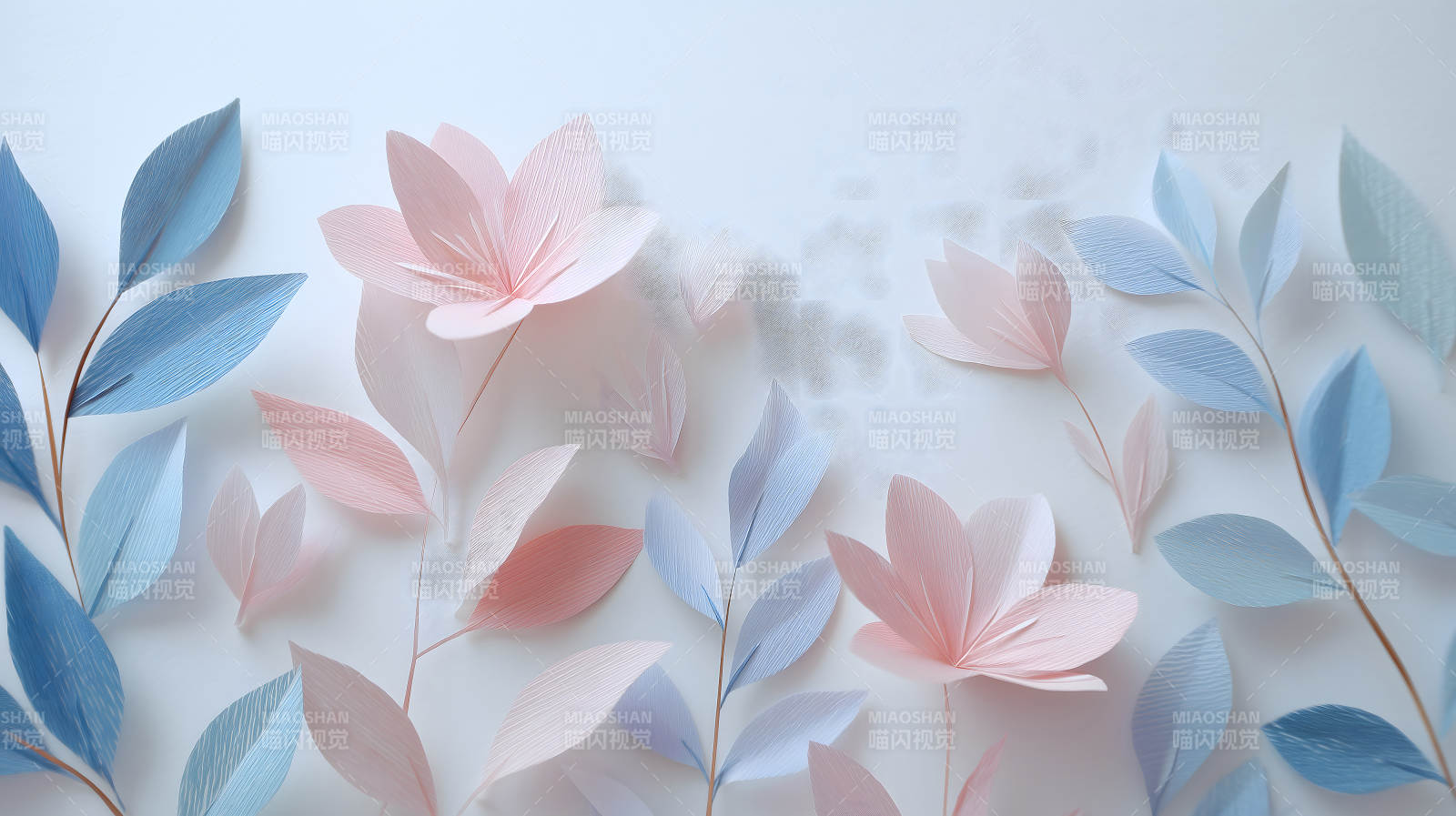 粉色花朵与蓝色叶子纸艺装饰图片