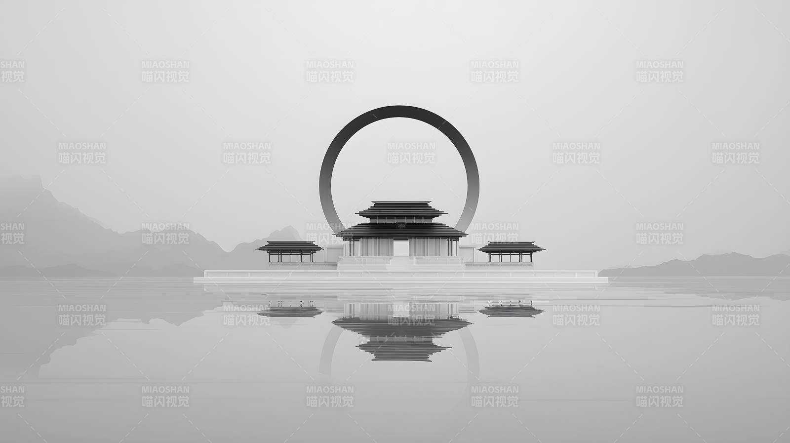 水面倒影下的东方建筑图片