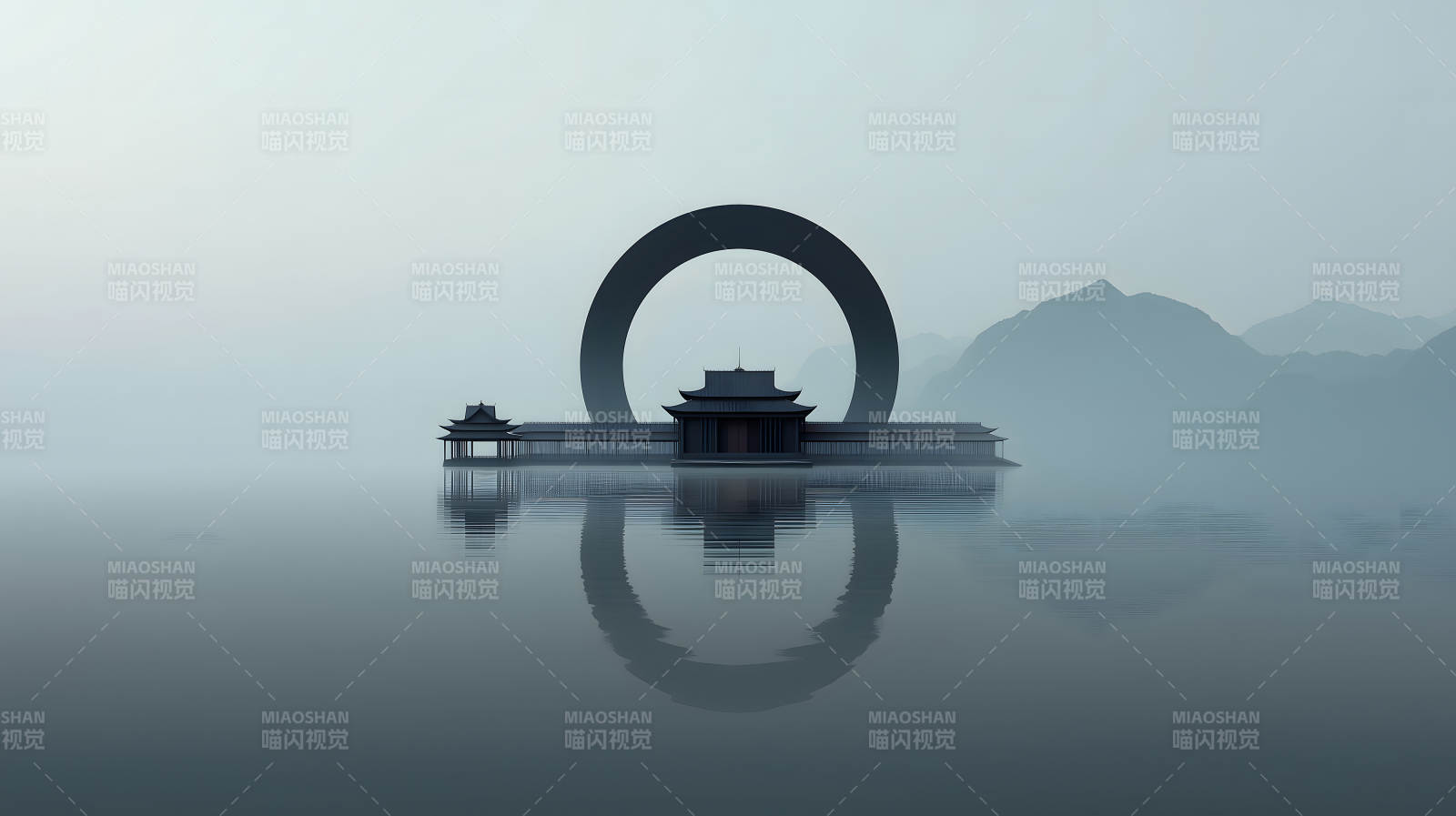 水面建筑与圆环山峰虚幻之境图片