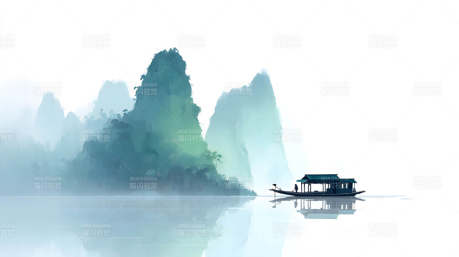 山水之间小舟泛舟意境图图片