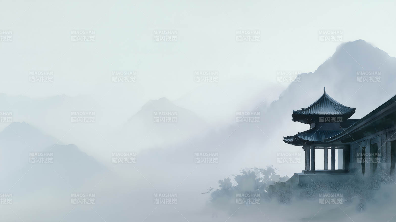 山水画意境深远古朴寺庙坐落山间图片