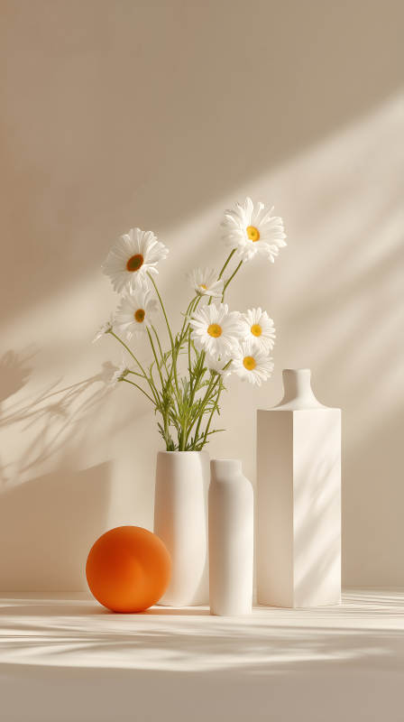 白色花朵与几何形摆件的静物摄影图片