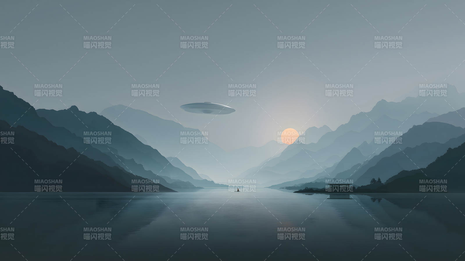 山水之间飞碟出现朦胧美景图片
