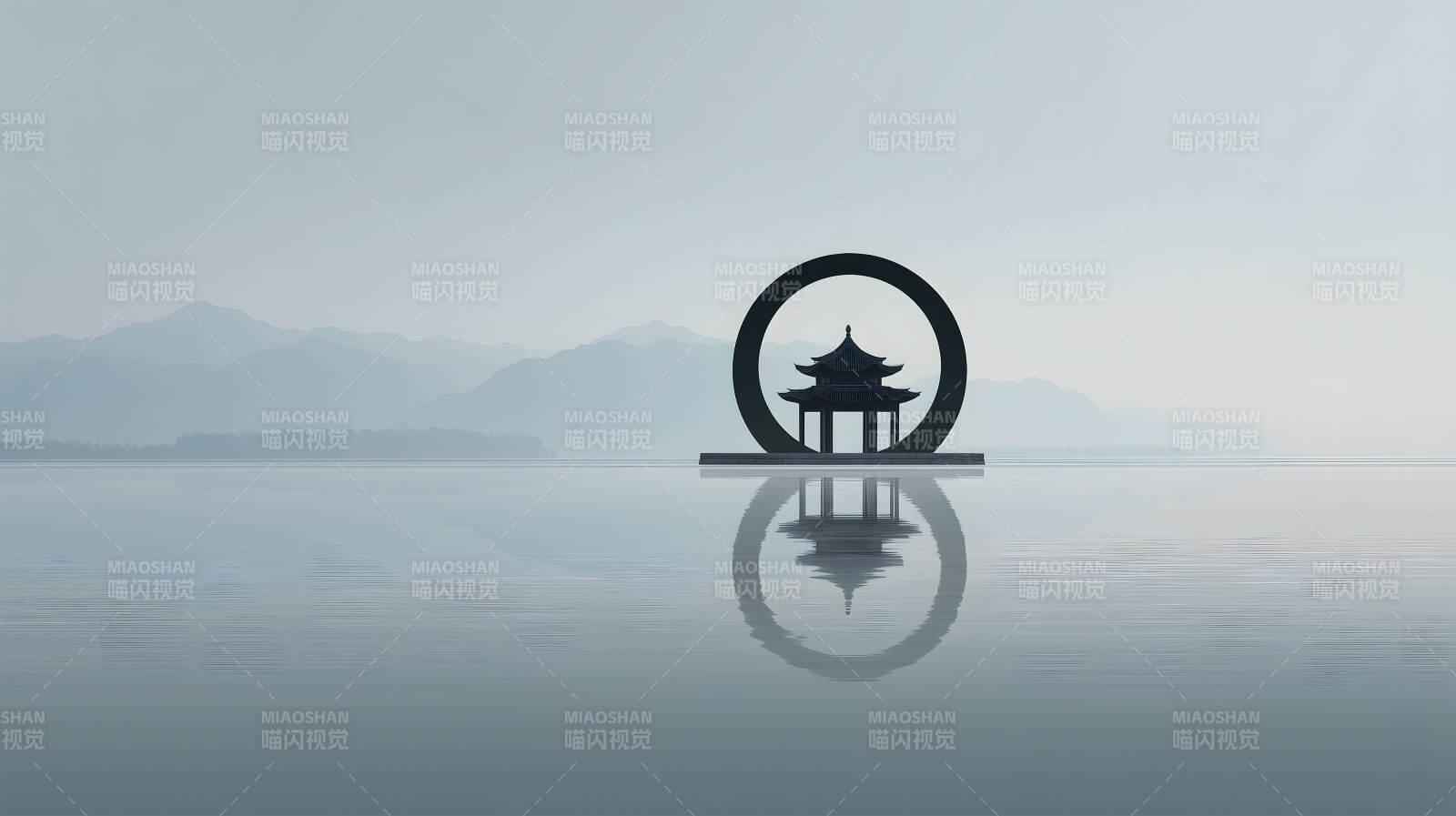 宁静湖面东方建筑镜像对称图片