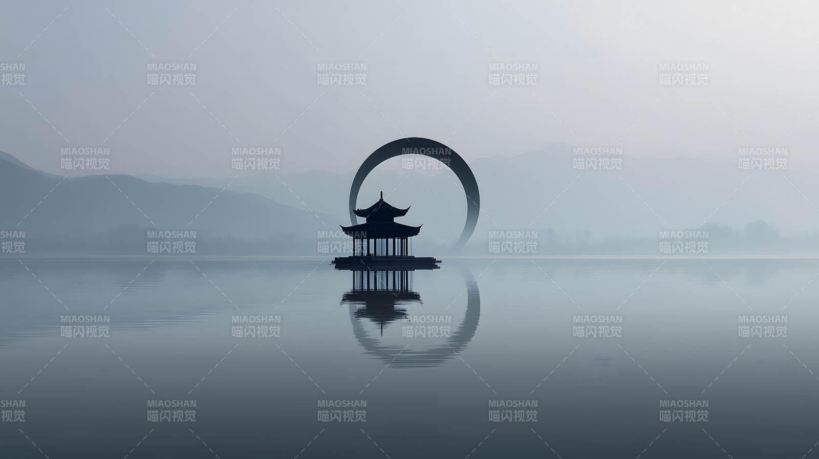 湖泊建筑风景宁静水面倒影图片