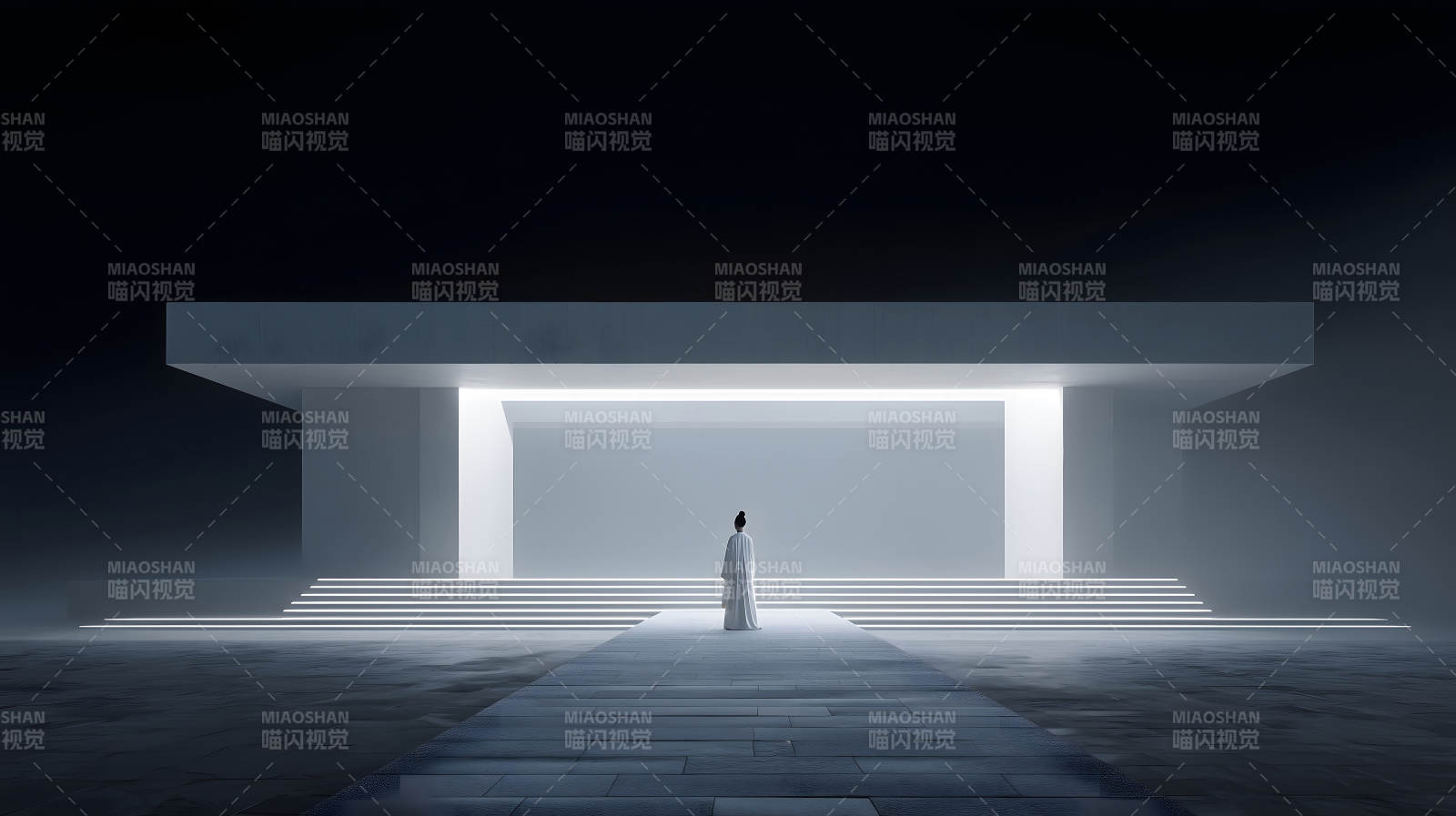 未来主义建筑与神秘人物凝视图片