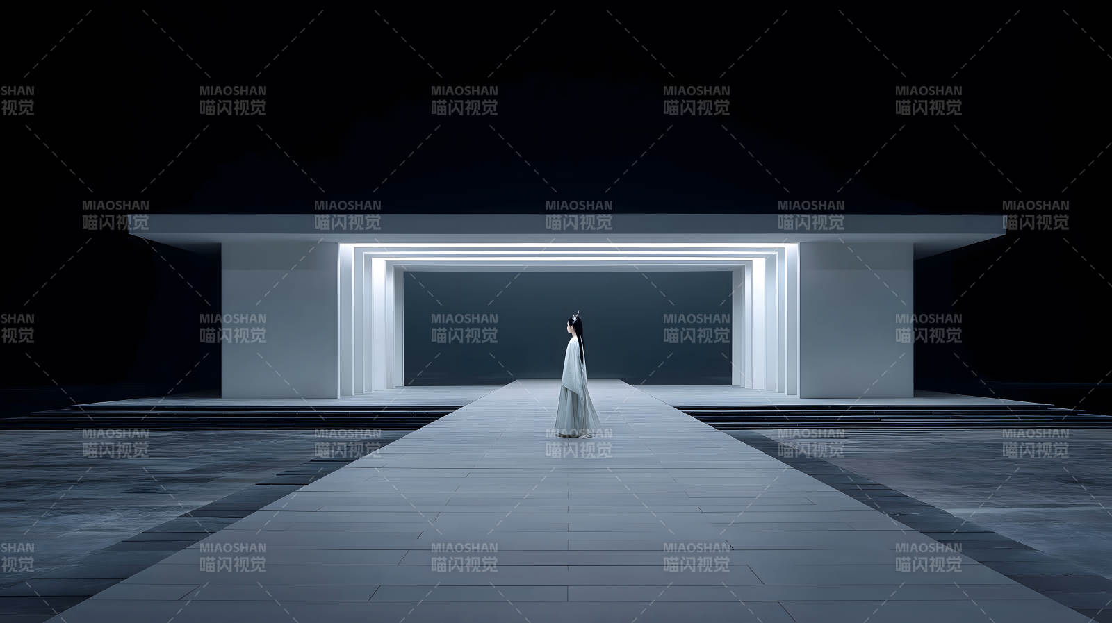 白衣女子伫立建筑前场景图片