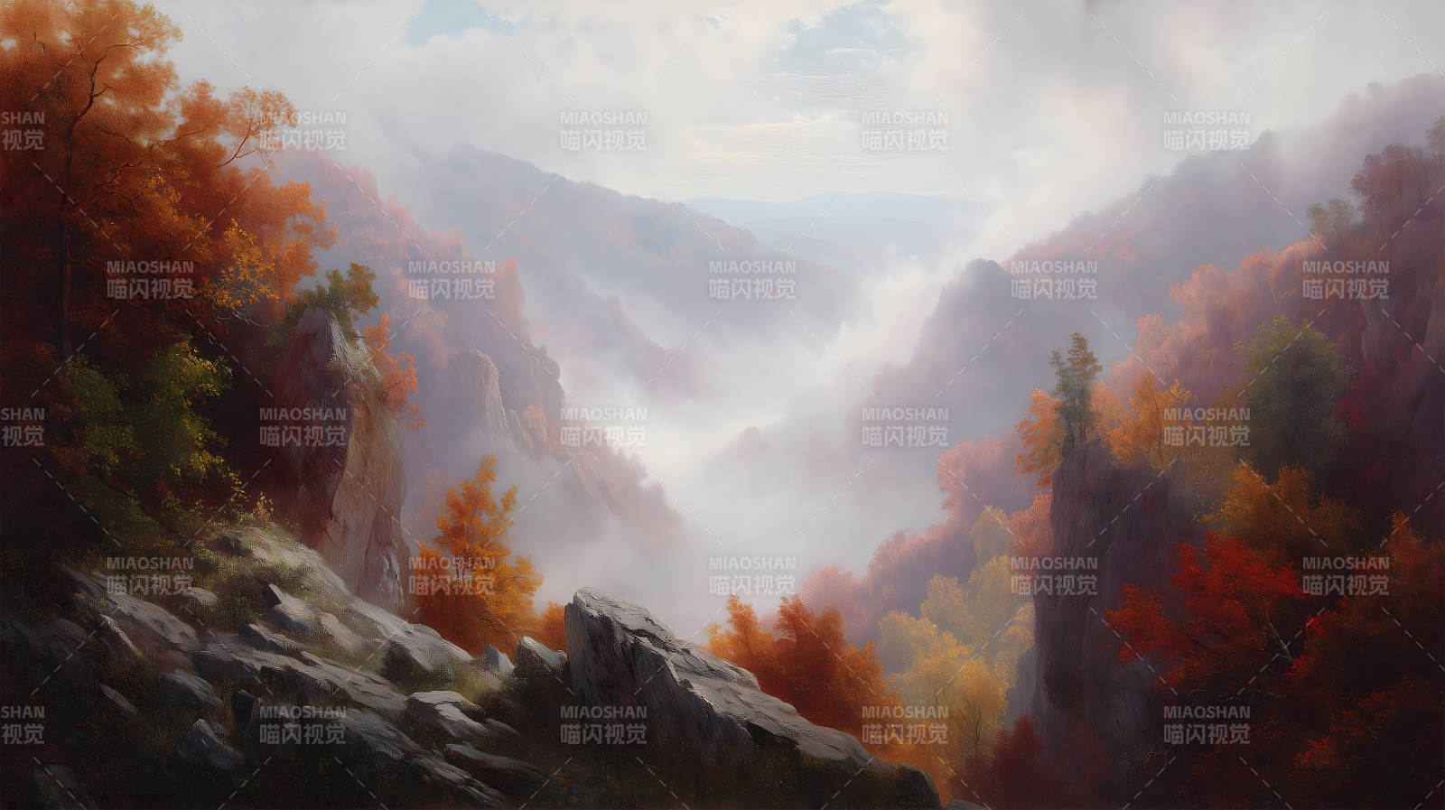 秋日山谷云雾缭绕风景如画图片