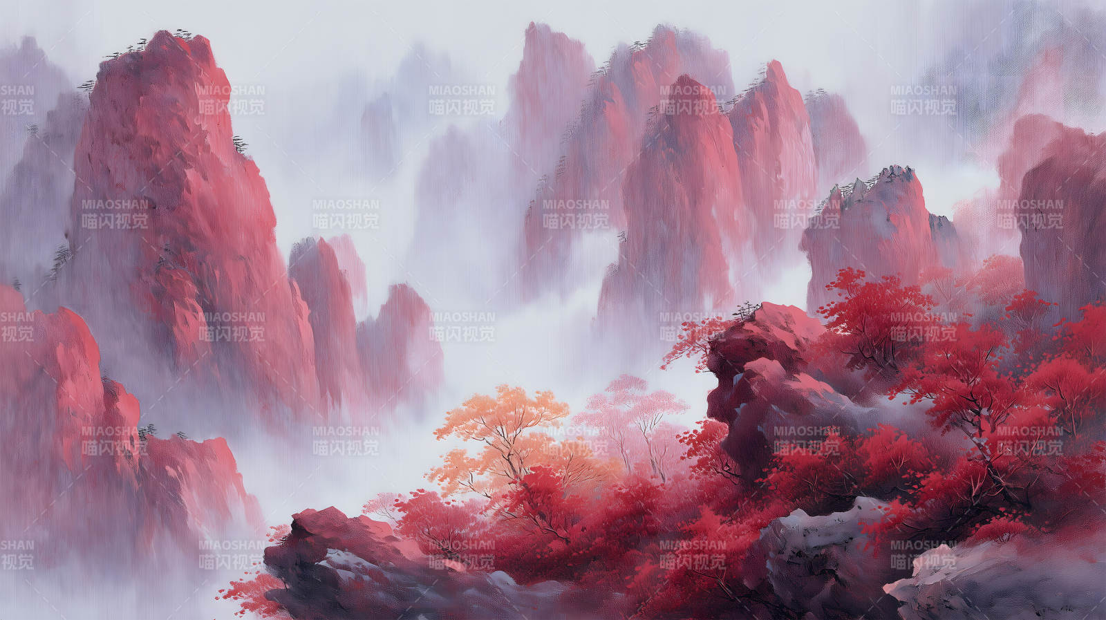 红色山水秋色朦胧景色壮丽图片