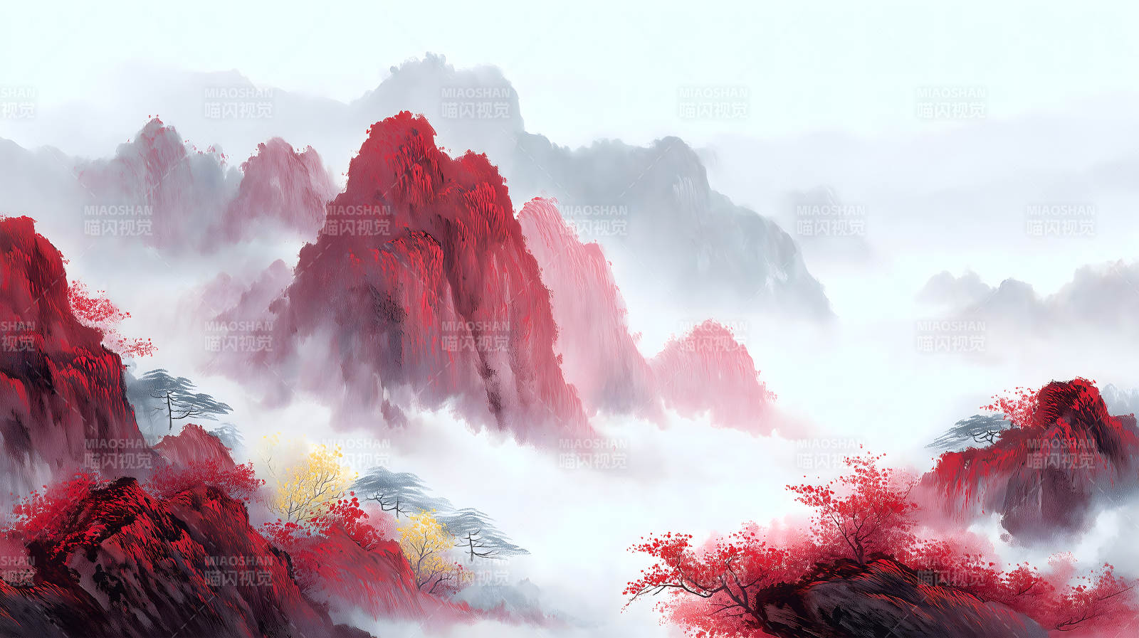 山水风景红叶点缀云雾缭绕图片